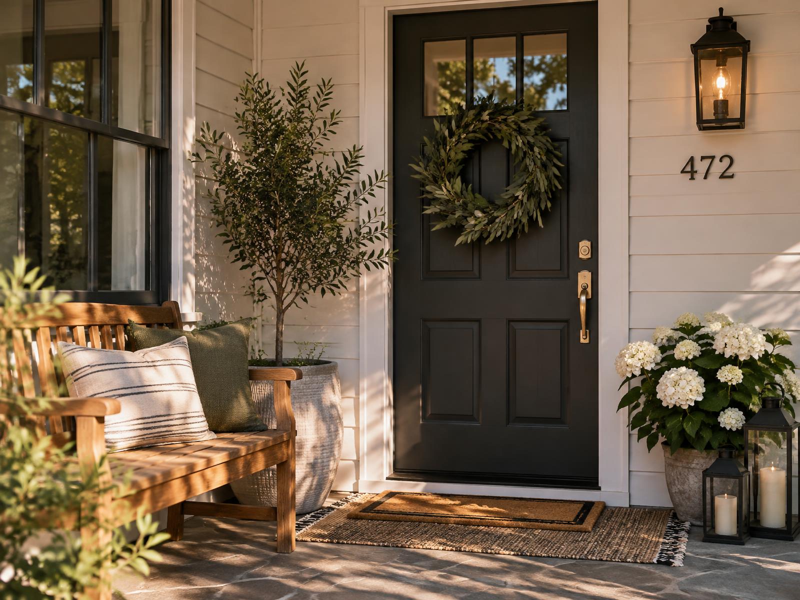 A front porch with a wood bench, planters and a warmly lit entry door